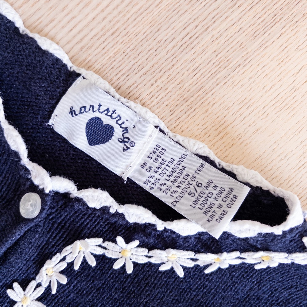 Vintage Hartstrings Cardigan Sweater Navy Blue Chick Daisy 90s Kids Size 4T/5 - Picture 4 of 9